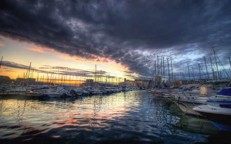 Sailboats - beauty, sky, harbour, sailboats, peaceful, colorful, sunset, port, view, reflection, clouds, marina, architecture, house, boat, houses, building, boats, sailing, buildings, lovely, nature, beautiful, city, colors, sailboat, sea