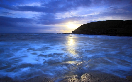 Blue Sea - blue, splendor, reflection, view, sky, storm, clouds, beautiful, sea, stormy, beauty, lovely, ocean, nature, sunset, waves, peaceful, rocks