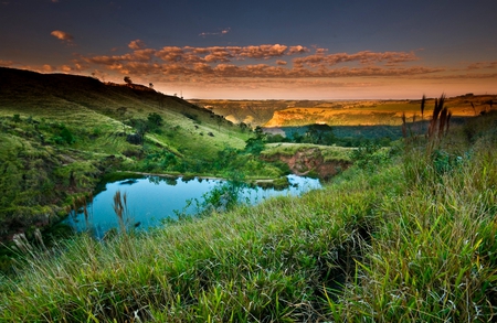 BLUE LAKE VALLEY - valley, sky, lake, hills, clouds