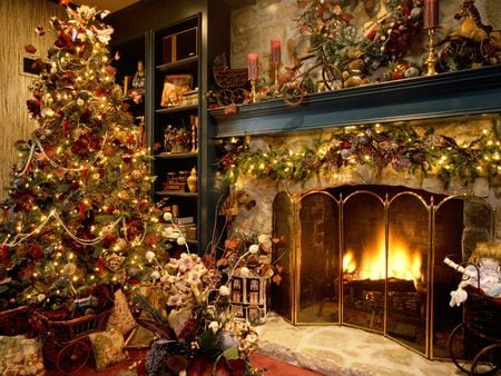 Christmas Fireplace - christmas, abstract, fireplace, holiday, fire, ornaments, presents, tree