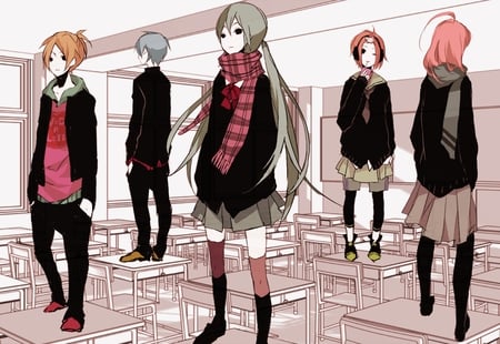 Stand together - anime, vocaloid, class, school, luka, boy, rin, kaito, len, game, kagamine, megurine, girl, cool, scarf, twins, stand, miku, hatsune