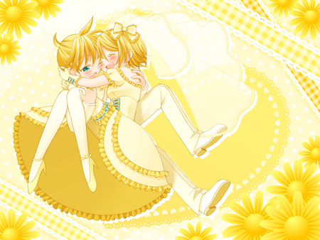 Twins - kahamine, vocaloid, blue, girl, eyes, blonde, cool, flower, hair, boy, rin, twins, hug, len