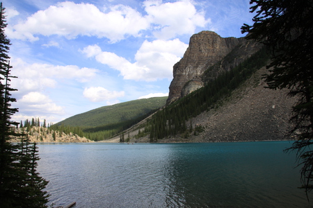 Lake and mountains at Banff Alberta - clouds, trees, blue, photography, white, nature, green, mountains, lakes, sky