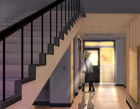 o o - clouds, anime, vocaloid, kagamine, blonde, hair, rin, stairs, sunset, twins, cute, couples, kiss, len