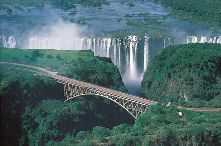 Victoria-Water-Falls-Zimbabwe - nature, zimbabwe, falls, trees, victoria, water, waterfall, bridge