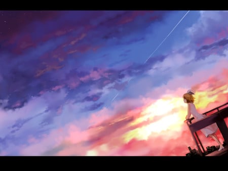 So beautiful .. - nice, stars, girl, hair, sunset, white, rin, kagamine, clouds, vocaloid, beautiful, anime, cute, dress, blonde