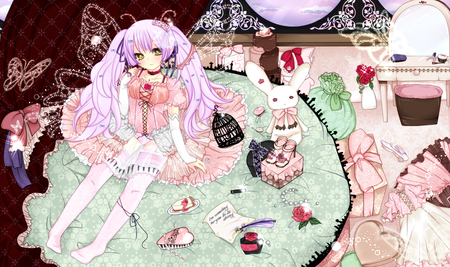 sakuragi yuzuki - girl, rug, room, lilac hair, bunny, sakuragi yuzuki, tea party, big eyes, anime, blush, cute, pink eyes