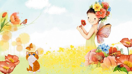 Poppy Fairy - sky, cat, angel, girl, kitty, kitten, butterfly, clouds, fairy, flowers, poppies, firefox persona, poppy