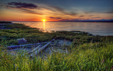 Sunset - horizon, sunset, sea, green