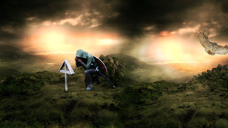 A Soldier Prays - hill, sky, river, owl, mountains, grassy