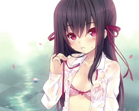 got soaked - pinky eyes, girl, shirt, ribbons, water, wet, bra, black hair, twin tails, pretty, anime, blush