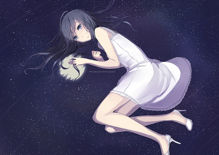 moon - pretty, moon, night time, anime, water, girl, moonlight, black hair, pale