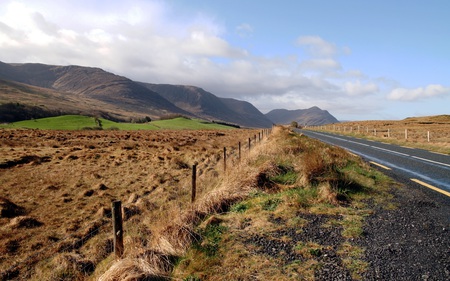 Spring in Connemara in Ireland - mountains, road, beautiful, rural, blue, clouds, fiels, nature, skies