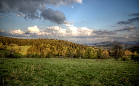 Wrzosowka 01 - fields, valley, serene, hills, forests, nature, rolling, blue, beautiful, clouds, skies