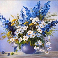 Hunchbacked Tatiana. Delphinium and Daisies