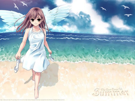 Am Your Protector - animated, beach, female, anime angel, white dress, blue sky, anime girl, angel wings, protector