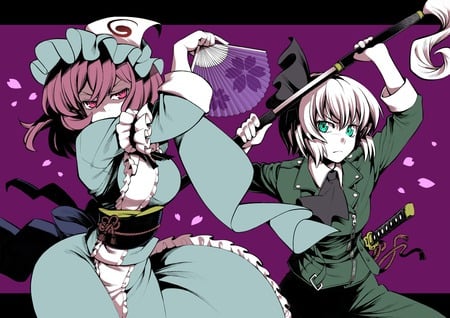 konpaku youmu & saigyouji yuyuko - fight, saigyouji yuyuko, konpaku youmu, touhou