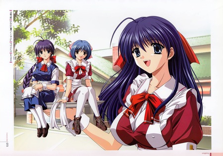 Join Us Please - anime girls, purple hair, ourple hair, animate, females, blue hair, pretty, red, anime, waitress girls, cute