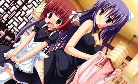 Waitress Dress Up - anime, nervous, red hair, happy times, black dress, weitress girls, anime girls, purple hair, japanese