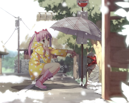 Miyaguchi Kanna - pretty, anime girl, twintails, beautiful, hot, snow, beauty, stunning, umbrella, snowing, cute, pink hair, sexy