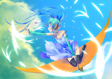 Hatsune Miku - aqua, hot, headset, thighhighs, music, anime girl, white, art, cool, artistic, hatsune miku, sexy, song, vocaloids, program, vocaloid, beautiful, sea, diva, dress, beauty, nice, sky, twintail, kite, singer, black, virtual, pretty, idol, clouds, orange, green, anime, miku, cute, ocean, feathers, girl, cg, hatsune, microphone, headphones, island, awesome, digital