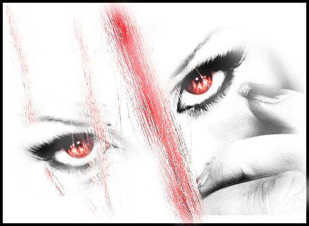 somebody' watching me - white, woman, look, red, eyes, mischievious, new