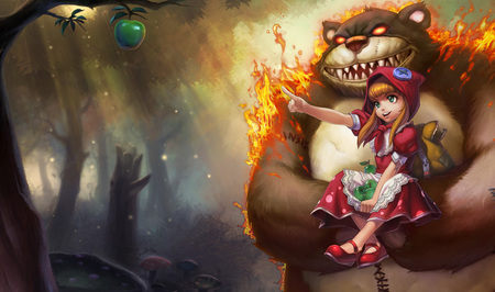 Annie and Tibbers - pretty, league of legends, annie splash, child, annie - the dark child, the dark child, hd, splash, video game, innocent, girl, lovely, tibbers, cg, fantasy, annie, cute, little