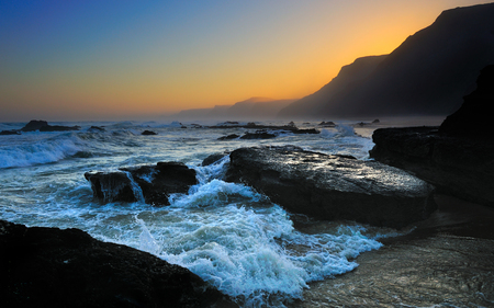 Waves - horizon, blue, beach, splendor, landscape, sunrise, view, ocean waves, sky, clouds, water, beautiful, sea, beauty, colors, lovely, orange, ocean, colorful, nature, sunset, waves, rocks, wave