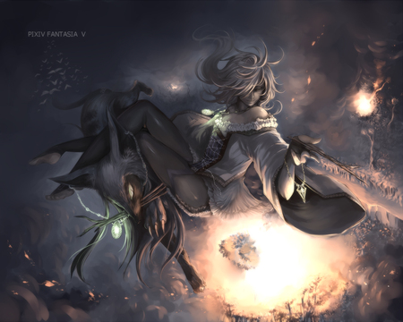 Pixiv Fantasia V - magic, female, fox, night, light, dark, bats, fire, fly, anime girl, wizard, hot, pixiv fantasia, cool, sweet, fantasy, thigh highs, smoking, sexy