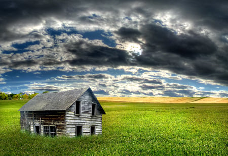 white and dark clouds before raining - house, white clouds, nature, grass, dark clouds