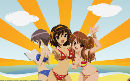 Haruhi Suzumiya - beach, sun, quality, haruhi, anime, sunny, cute, melancholy, background, girl, wallpaper, hd, of, the, bikini, friends, suzumiya