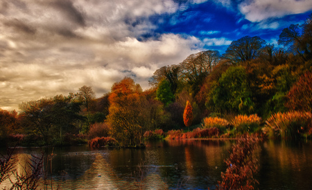 Autumn - blue, amazing, landscape, reflection, charming, view, sky, clouds, trees, water, image, beautiful, sesons, beauty, colors, orange, colorful, white, nature, green, autumn, background, lakes, peaceful