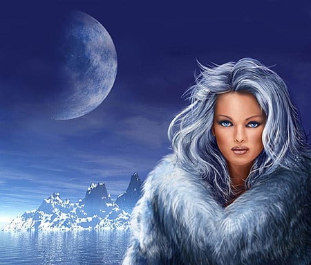 Fantasy girl - pretty, moon, fantasy, people, blue, woman, girl