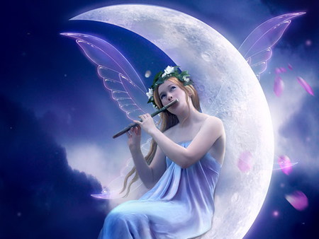 Ode to the night - moon, woman, people, girl, pretty, musician, blue, fantasy