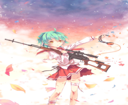 Torn Hurt Heart - headphone, hidan no aria, female, wing, assault rifle, alone, weapons, sad, anime girl, reki, cherry blossom, cool, school uniform, sniper, leaf, rifle, torn hurt heart