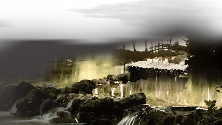 Contemplation - lake, sky, falls, water, rocks, mist, dark, river, oriental, firefox persona, bridge