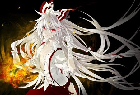 Touhou - red eyes, head band, long hair, dress, white hair, open shirt