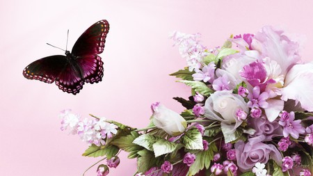 Summer Enchantment - summer, bouquet, rose, iris, white, lilacs, butterfly, pink, flowers, firefox persona