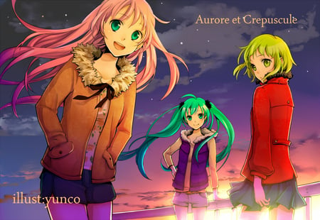 Vocaloid - hatsube miku, megurine luka, blue eyes, long hair, gumi, 3girls, short