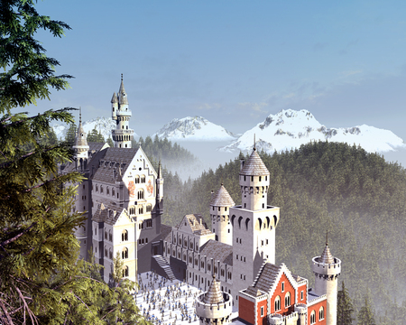 Neuschwanstein Castle, Bavaria, Germany - sky, mountain, trees, daylight, day, neuschwanstein, nature, white, bavaria, forest, castle, blue, germany