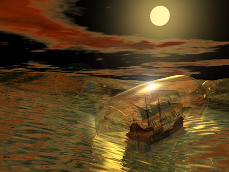 Boat in a Bottle - moon, sky, reflection, clouds, night, water, bottle, boat