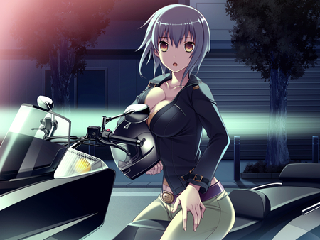 anime girl - motociclete, blush, short hair, brown eyes, gray hair