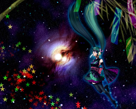 miku hatsune - moon, miku hatsune, blue hair, spacie, kimono, night, stars