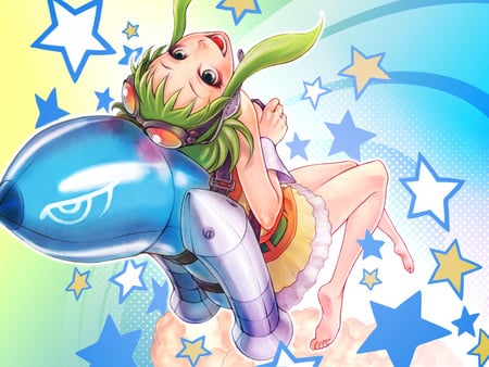 vocaloid - stars, blue eyes, colors, gumi, green hair, dress, ciel