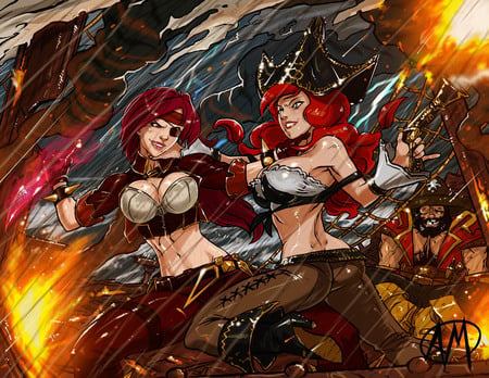 Lord Albrekt - EU - Its Not Easy - gun, pirates, sexy, hot, girl, rain, video game, red hair, fantasy, lord albrekt, cg, hd, league of legends, anime