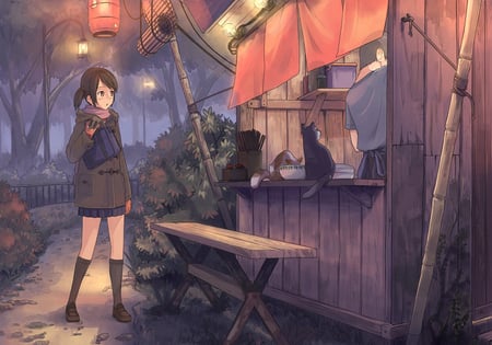 Late night - cat, girl, school, twintails, hair, eyes, night, scarf, original, efmoe, brown, cool, anime, animal, uniform, cute