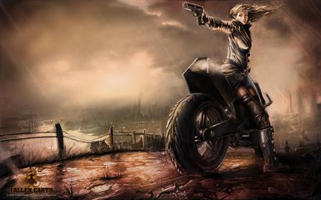 Bike Chick - blonde, earth, fallen, shoot, bike, fire, hd, action, adventure, video game, fighter, hot, gun, girl, cg, fantasy, apocalypse, legend, fallen earth, sexy