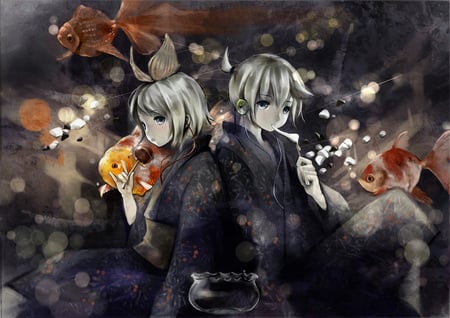 The twins - scary, eyes, hair, japanese, black, rin, kagamine, game, clothes, anime, cute, len, twins, vocaloid, fish, animal, blonde