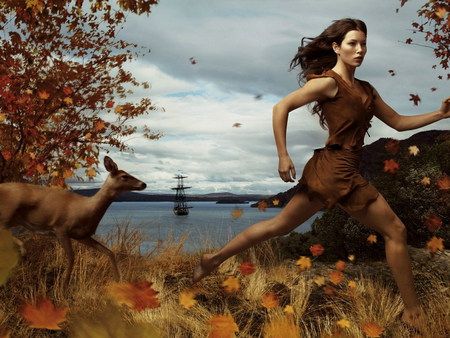 Fantasy girl - run, animal, fantasy, people, deer, girl, woman