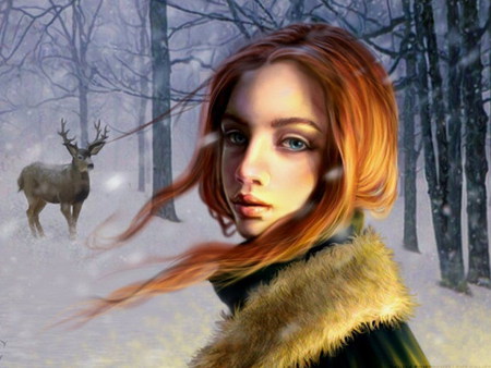 Woman in winter - forest, digital, pretty, winter, beautiful, abstract, deer, girl, art, serene, fantasy, people, woman, snow